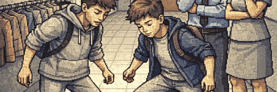 Five children playing a game blowing a crumpled paper ball with straws in a school hallway