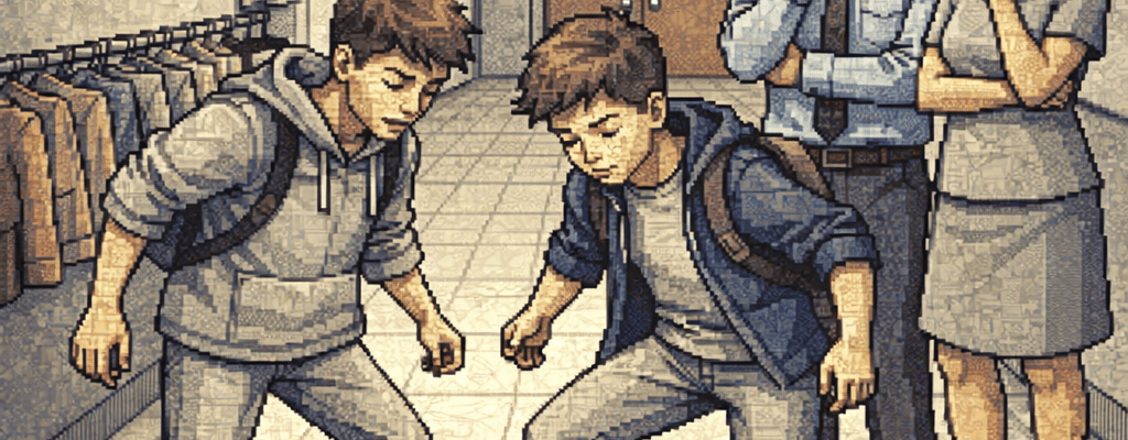 Five children playing a game blowing a crumpled paper ball with straws in a school hallway