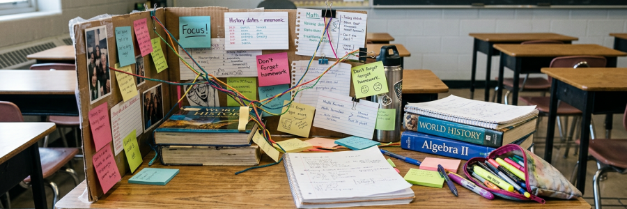 Classroom study desk with history and algebra books, notebooks, sticky notes, pens, and a water bottle