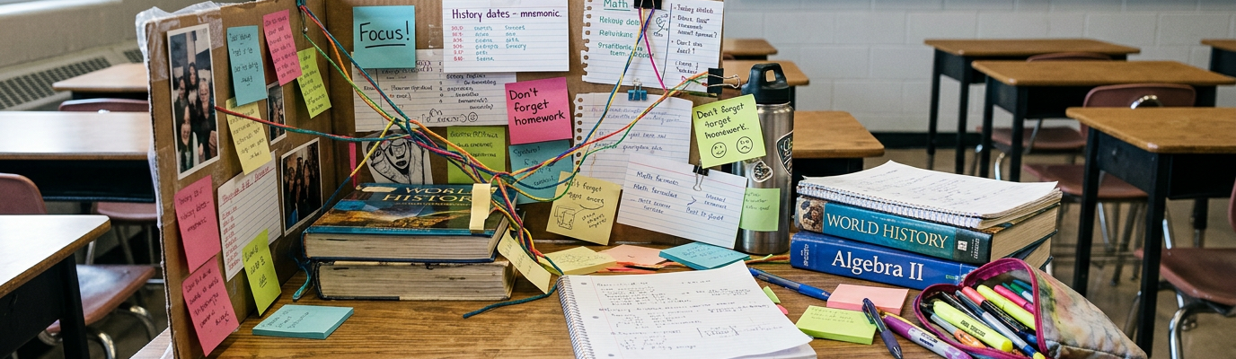 Classroom study desk with history and algebra books, notebooks, sticky notes, pens, and a water bottle