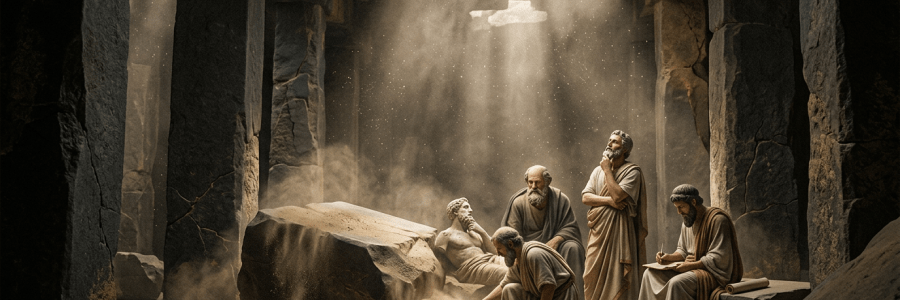 Five ancient men dressed in robes inside a stone chamber, one cleaning a large rock, others observing and writing