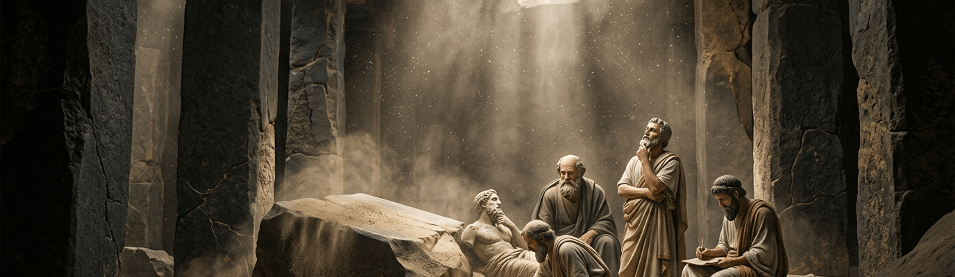 Five ancient men dressed in robes inside a stone chamber, one cleaning a large rock, others observing and writing