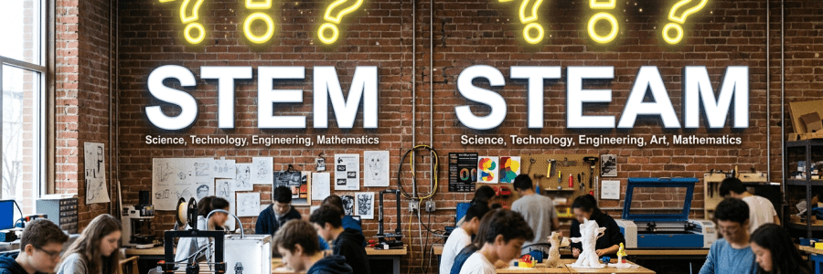 Students working on laptops and art projects in a workshop with STEM and STEAM labels on wall