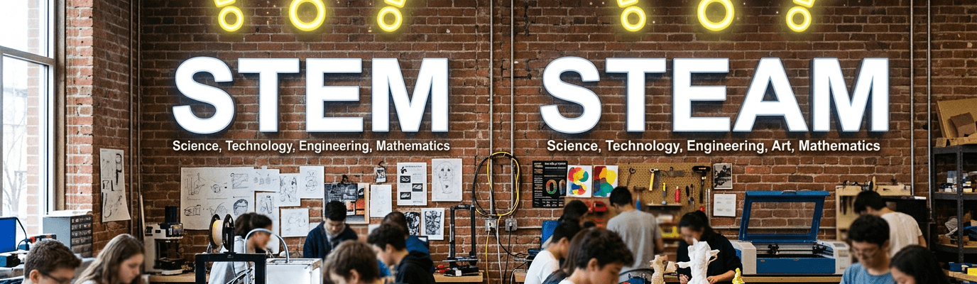 Students working on laptops and art projects in a workshop with STEM and STEAM labels on wall