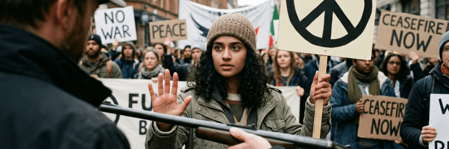 Woman holding peace sign placard raising hand to stop man pointing shotgun during protest
