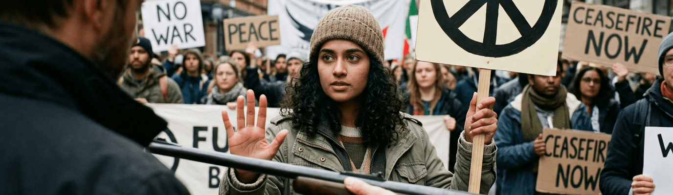 Woman holding peace sign placard raising hand to stop man pointing shotgun during protest