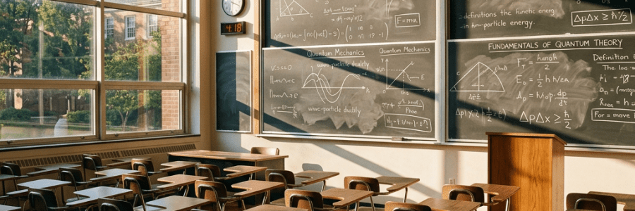 University classroom with empty desks, physics chalkboard notes, and sunlight through windows