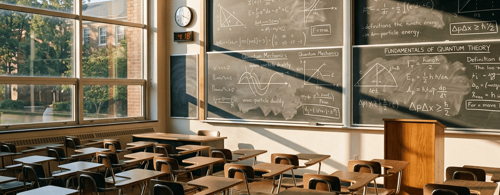 University classroom with empty desks, physics chalkboard notes, and sunlight through windows
