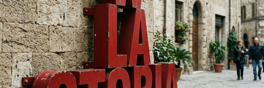'W LA STORIA' red letters sign on stone wall along a cobblestone street
