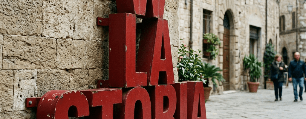 'W LA STORIA' red letters sign on stone wall along a cobblestone street