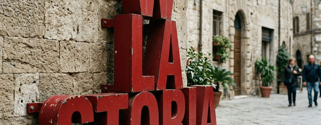 'W LA STORIA' red letters sign on stone wall along a cobblestone street