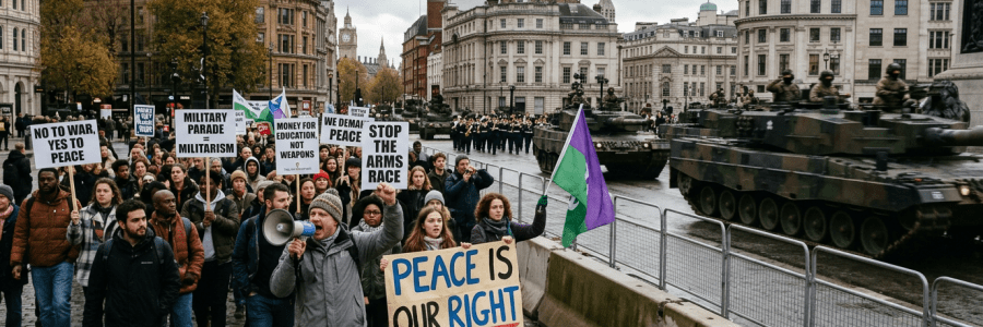 Crowd of protesters with signs calling for peace and against militarism near moving military tanks