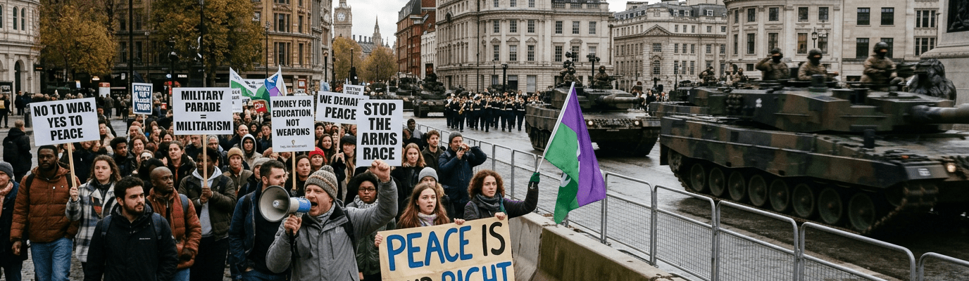 Crowd of protesters with signs calling for peace and against militarism near moving military tanks