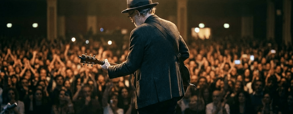 Musician playing guitar on stage facing a large applauding audience