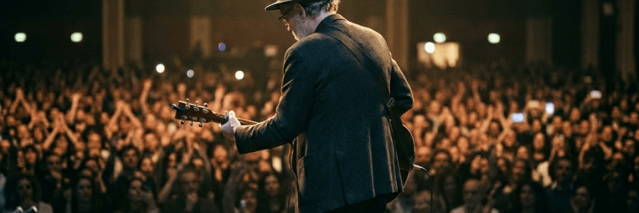 Musician playing guitar on stage facing a large applauding audience