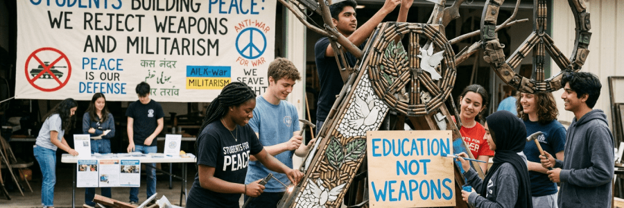 Students working on a peace-themed sculpture with signs against militarism
