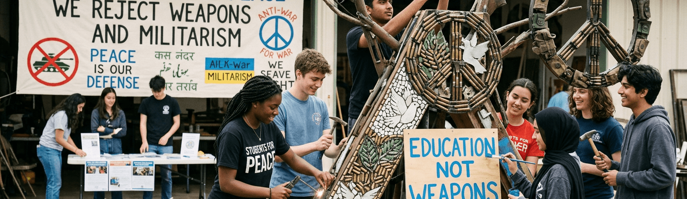 Students working on a peace-themed sculpture with signs against militarism