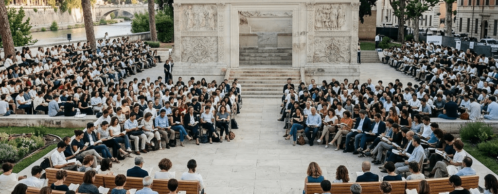 Man speaking with microphone to seated audience in front of Ara Pacis marble monument