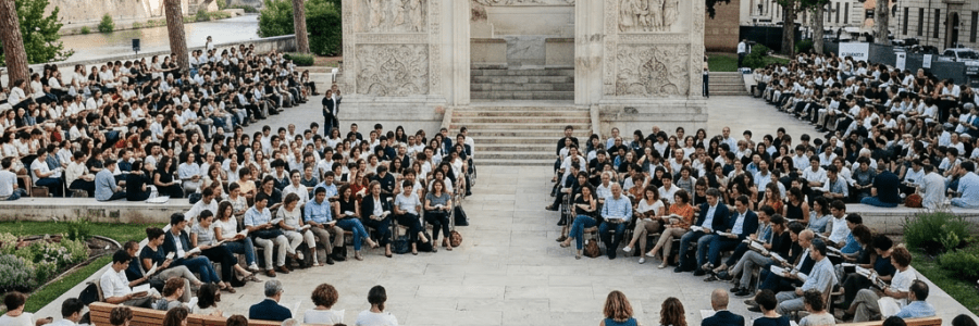 Man speaking with microphone to seated audience in front of Ara Pacis marble monument