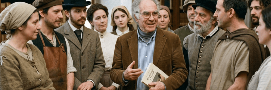 Elderly man holding a book and speaking to a diverse group in historical clothing in a library