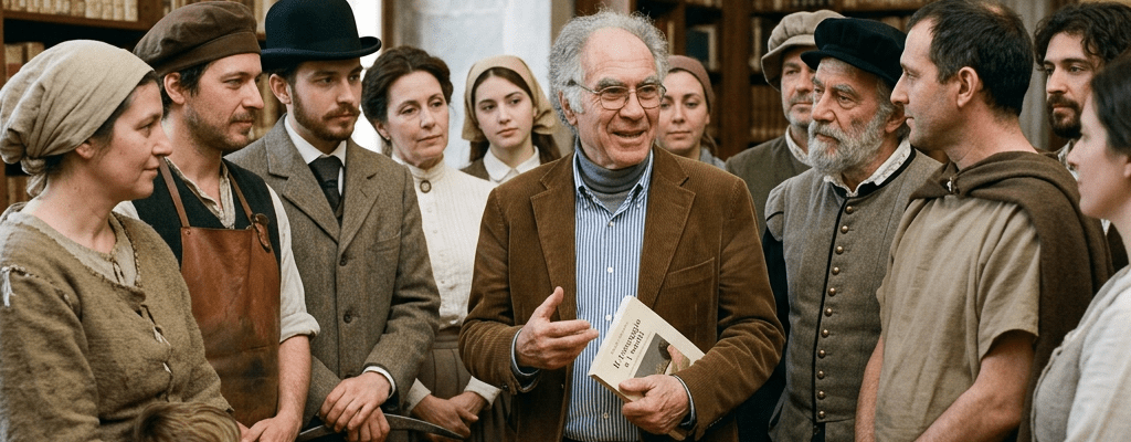 Elderly man holding a book and speaking to a diverse group in historical clothing in a library