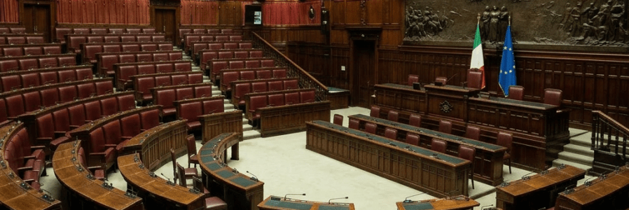 Speaker addressing seated members in the Italian Parliament chamber with Italian and European Union flags and large historic paintings