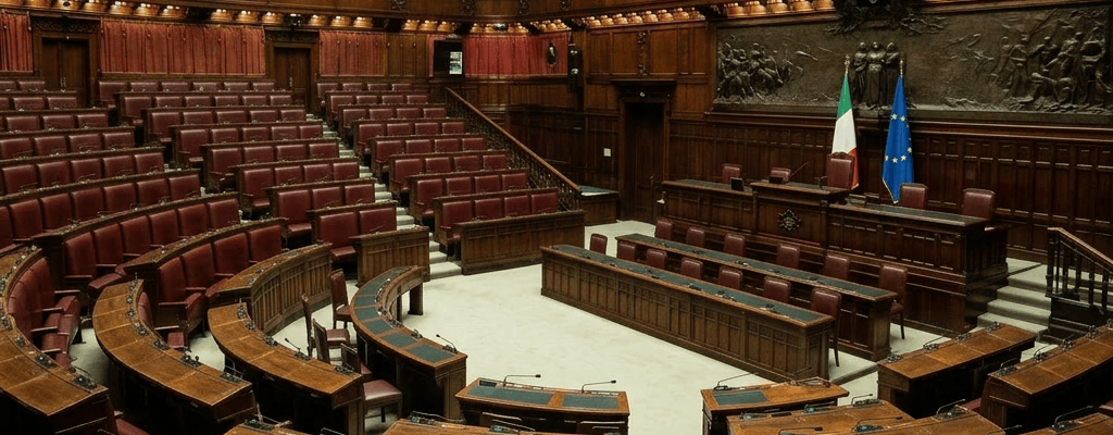 Speaker addressing seated members in the Italian Parliament chamber with Italian and European Union flags and large historic paintings