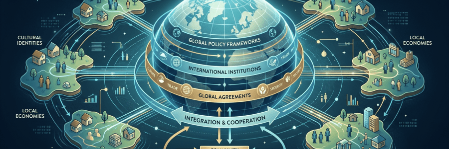 Diagram of global governance linking international institutions, global agreements, and policy frameworks with national sovereignty, cultural identities, local economies, and social equity.