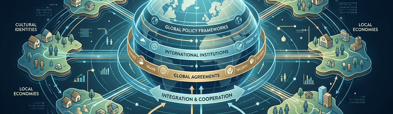 Diagram of global governance linking international institutions, global agreements, and policy frameworks with national sovereignty, cultural identities, local economies, and social equity.