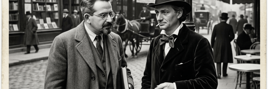 Two men converse on a cobbled Paris street outside a bookshop and café.