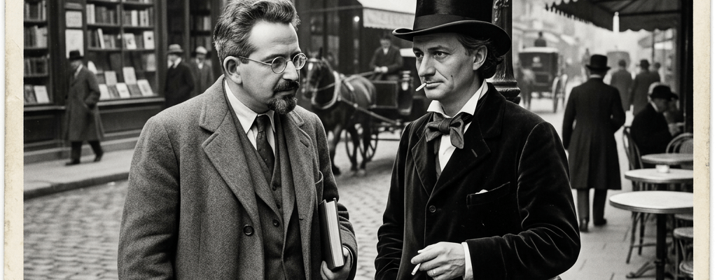 Two men converse on a cobbled Paris street outside a bookshop and café.