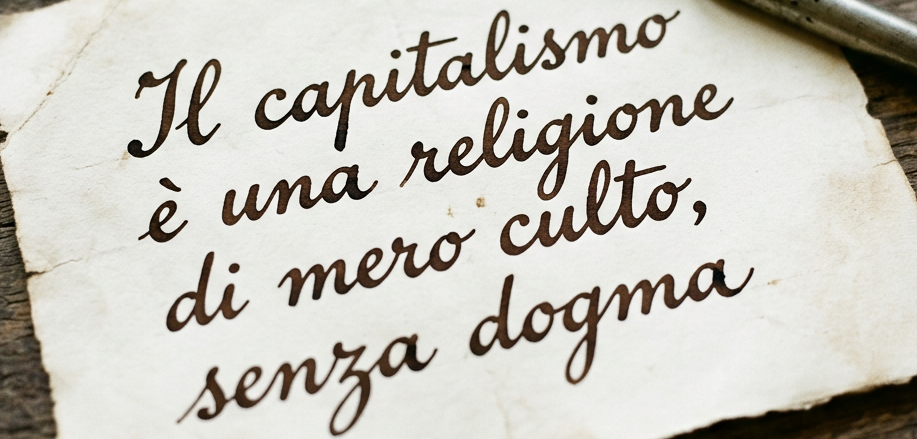 Carta con la scritta: "Il capitalismo è una religione di mero culto, senza dogma"