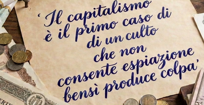 Capitalism quote amid money and finance Handwritten Italian quote: “Il capitalismo è presumibilmente il primo caso di un culto che non consente espiazione, bensì produce colpa,” surrounded by money and financial documents.