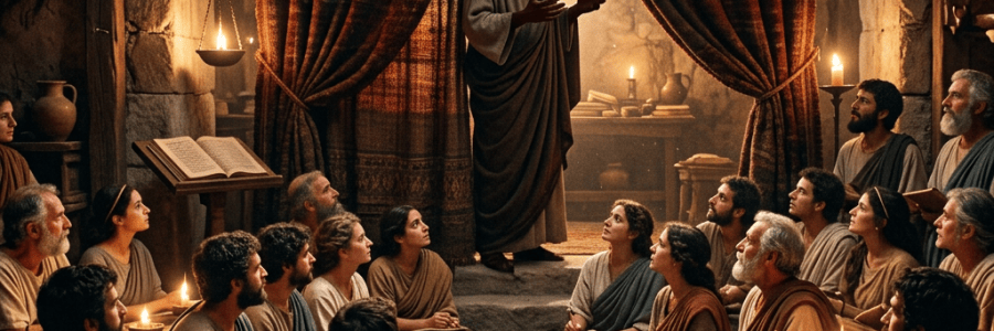 Teacher speaking to a seated group in an ancient candlelit room
