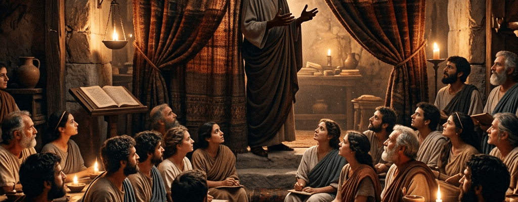 Teacher speaking to a seated group in an ancient candlelit room